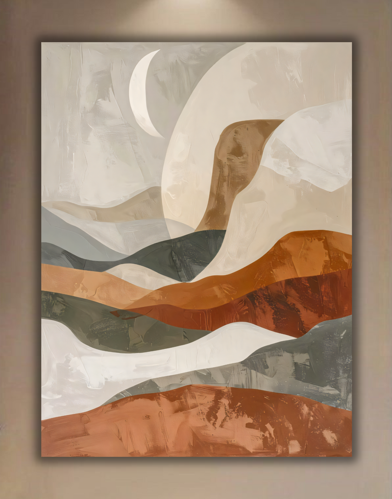 Modern Terracotta & Slate Gray Crescent Moon Canvas Print - Abstract Organic Waves Wall Art