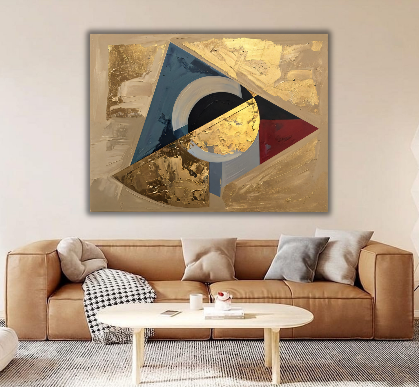 Modern Golden & Indigo Abstract Canvas Print - Horizontal Geometric Triangle Wall Art
