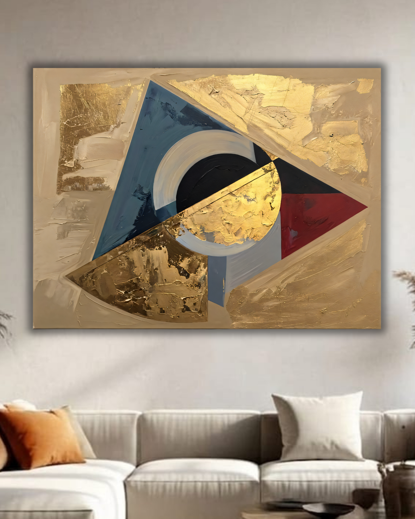 Modern Golden & Indigo Abstract Canvas Print - Horizontal Geometric Triangle Wall Art