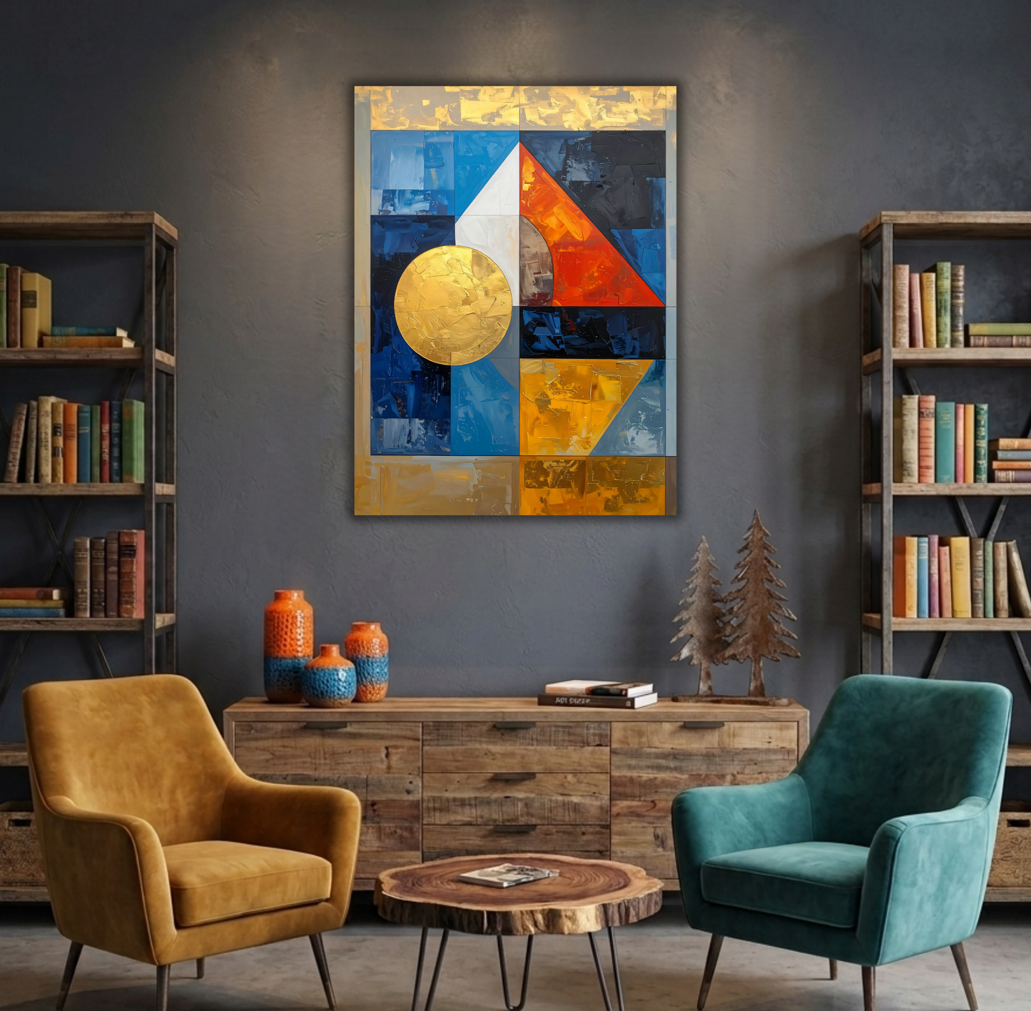Modern Golden & Indigo Geometric Canvas Print - Abstract Solar Sphere Wall Art