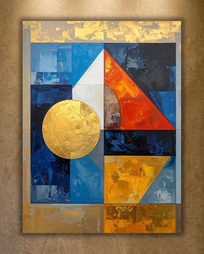 Modern Golden & Indigo Geometric Canvas Print - Abstract Solar Sphere Wall Art