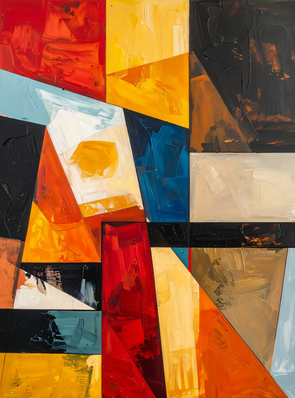 Modern Red & Gold Geometric Canvas Print - Abstract Stained Glass Palette Knife Wall Art