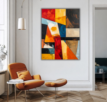Modern Red & Gold Geometric Canvas Print - Abstract Stained Glass Palette Knife Wall Art