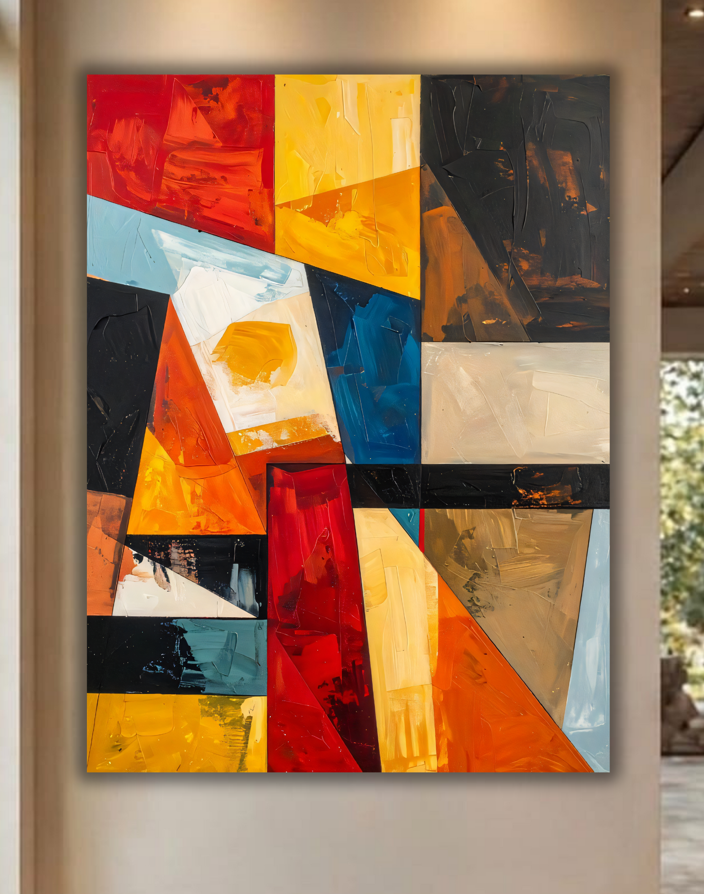 Modern Red & Gold Geometric Canvas Print - Abstract Stained Glass Palette Knife Wall Art