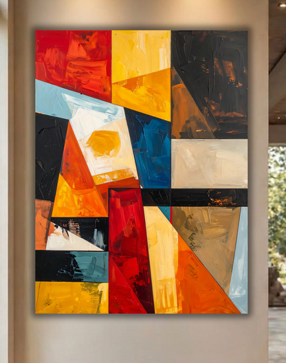 Modern Red & Gold Geometric Canvas Print - Abstract Stained Glass Palette Knife Wall Art