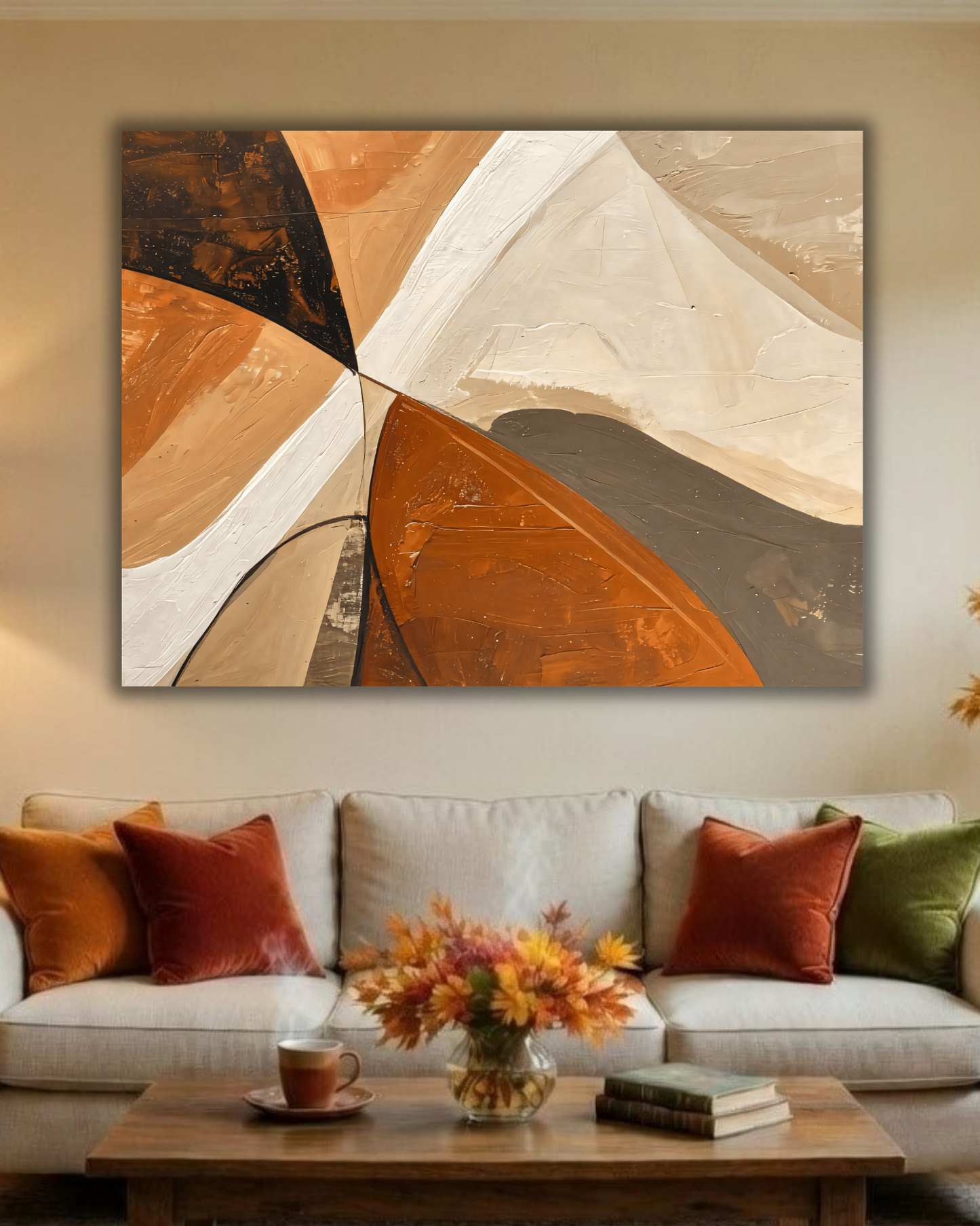 Modern Terracotta & Slate Horizontal Abstract Canvas Print - Curved Impasto Color Block Wall Art