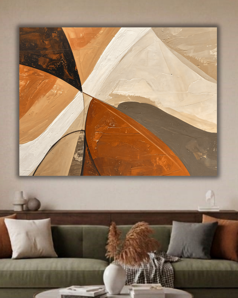Modern Terracotta & Slate Horizontal Abstract Canvas Print - Curved Impasto Color Block Wall Art