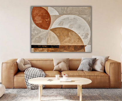 Modern Terracotta & Neutral Linen Style Abstract Canvas Print - Horizontal Organic Circle Wall Art