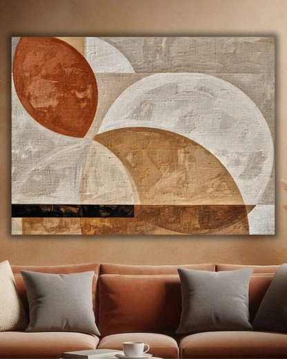 Modern Terracotta & Neutral Linen Style Abstract Canvas Print - Horizontal Organic Circle Wall Art