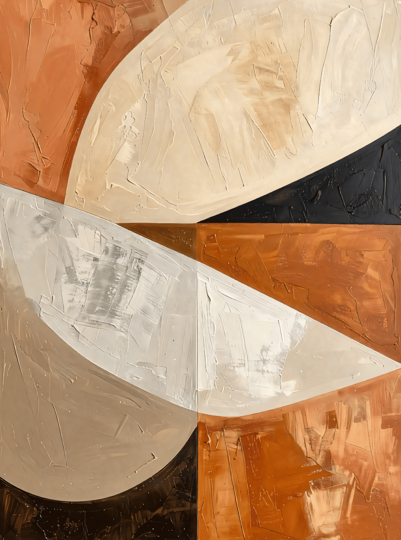 Modern Terracotta & Neutral Impasto Canvas Print - Abstract Geometric Curved Fan Wall Art