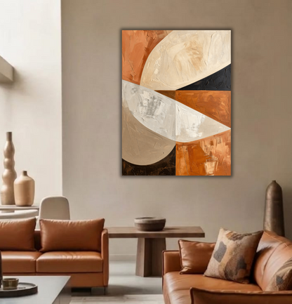 Modern Terracotta & Neutral Impasto Canvas Print - Abstract Geometric Curved Fan Wall Art