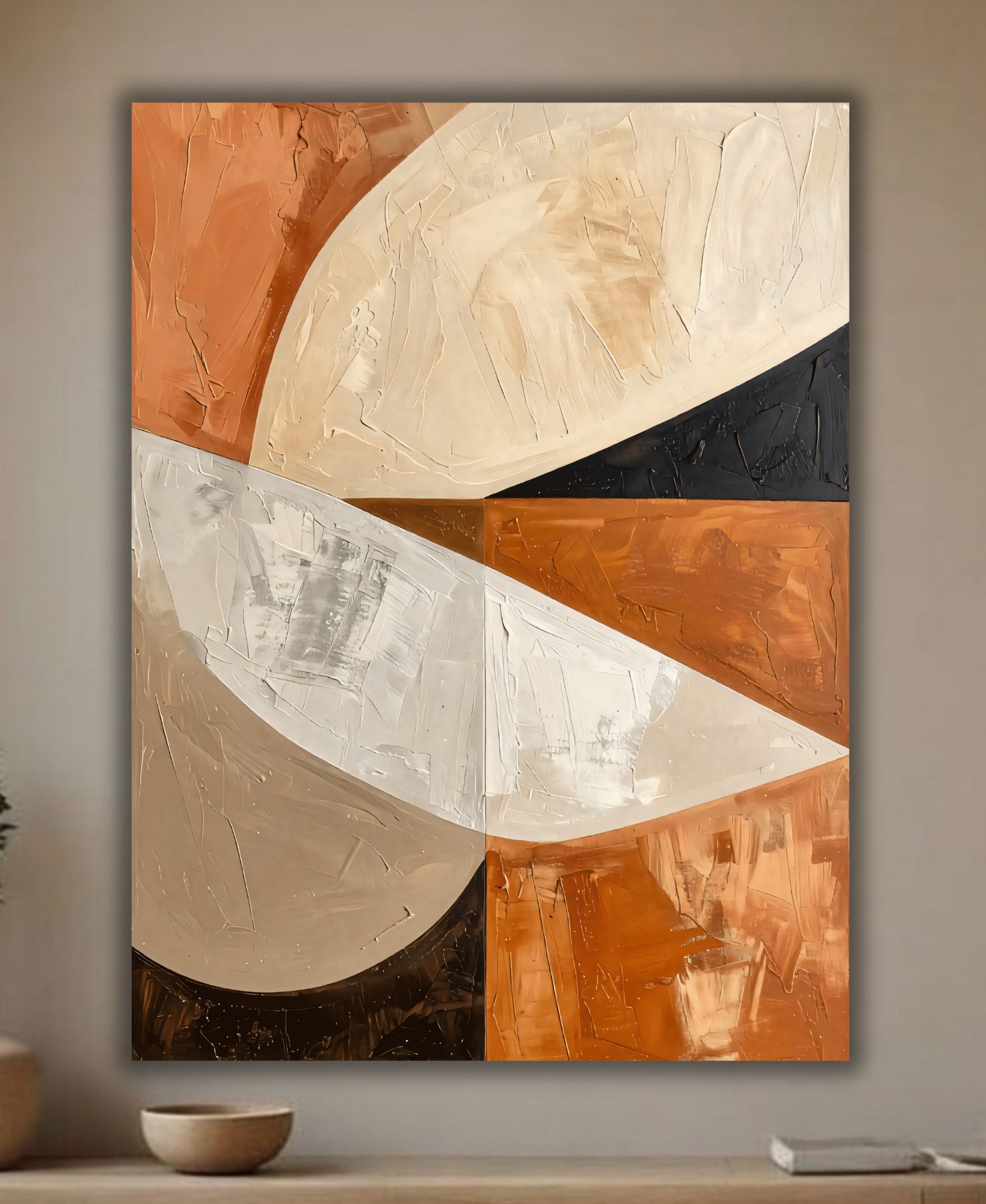 Modern Terracotta & Neutral Impasto Canvas Print - Abstract Geometric Curved Fan Wall Art
