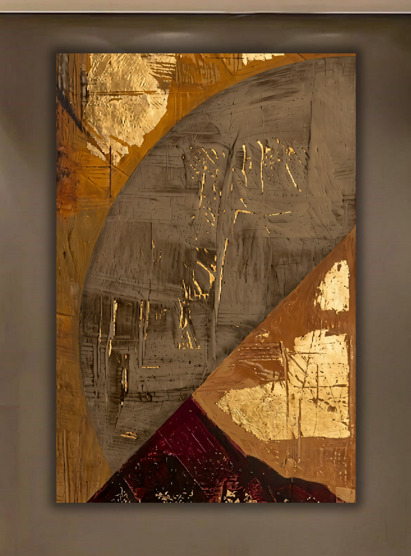 Modern Golden Ochre & Slate Gray Abstract Canvas Print - Geometric Oval & Crimson Wall Art