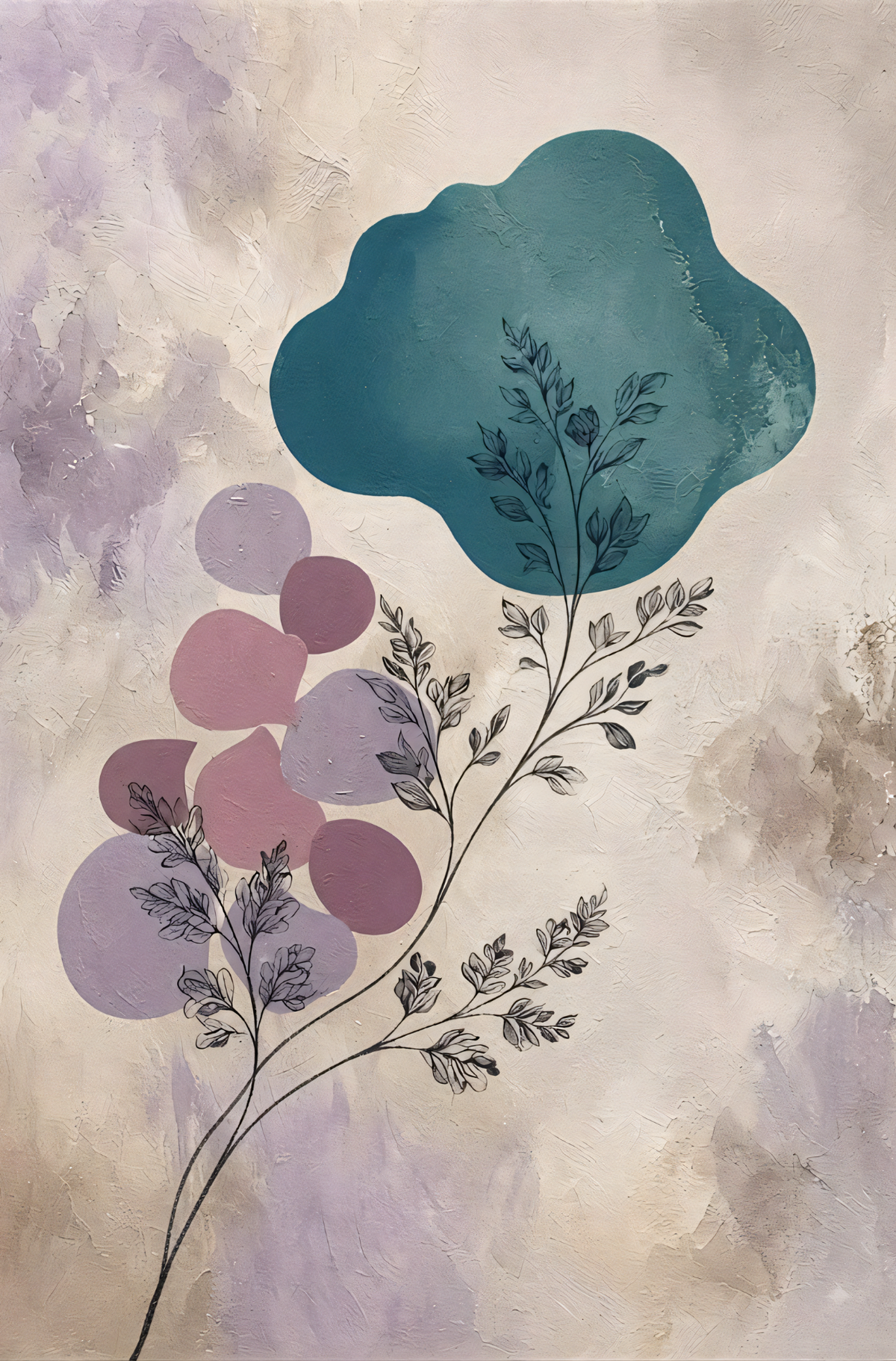 Modern Botanical Silhouette & Abstract Geometric Diptych Canvas Art Set - 2-Piece Teal & Lavender Wall Decor