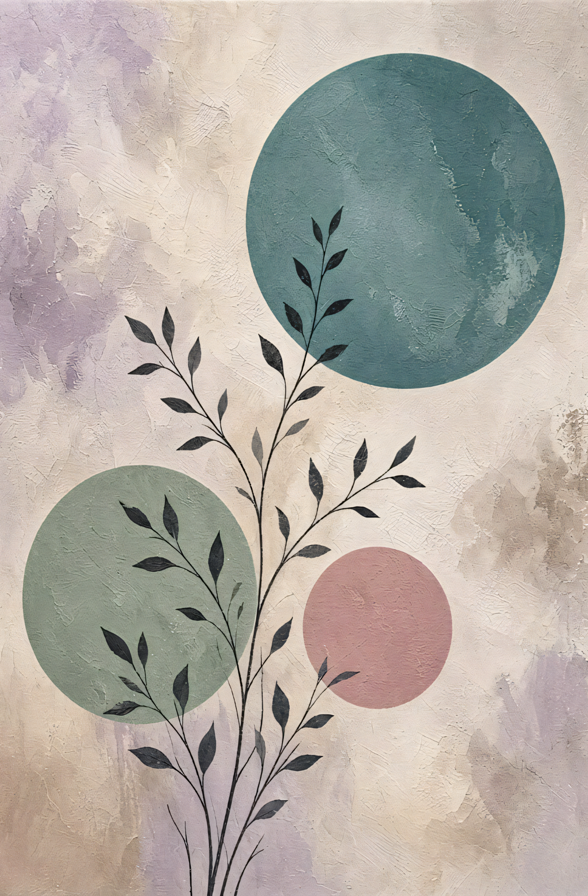 Modern Botanical Silhouette & Geometric Circle Canvas Print - Minimalist Teal & Lavender Wall Art