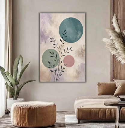 Modern Botanical Silhouette & Geometric Circle Canvas Print - Minimalist Teal & Lavender Wall Art