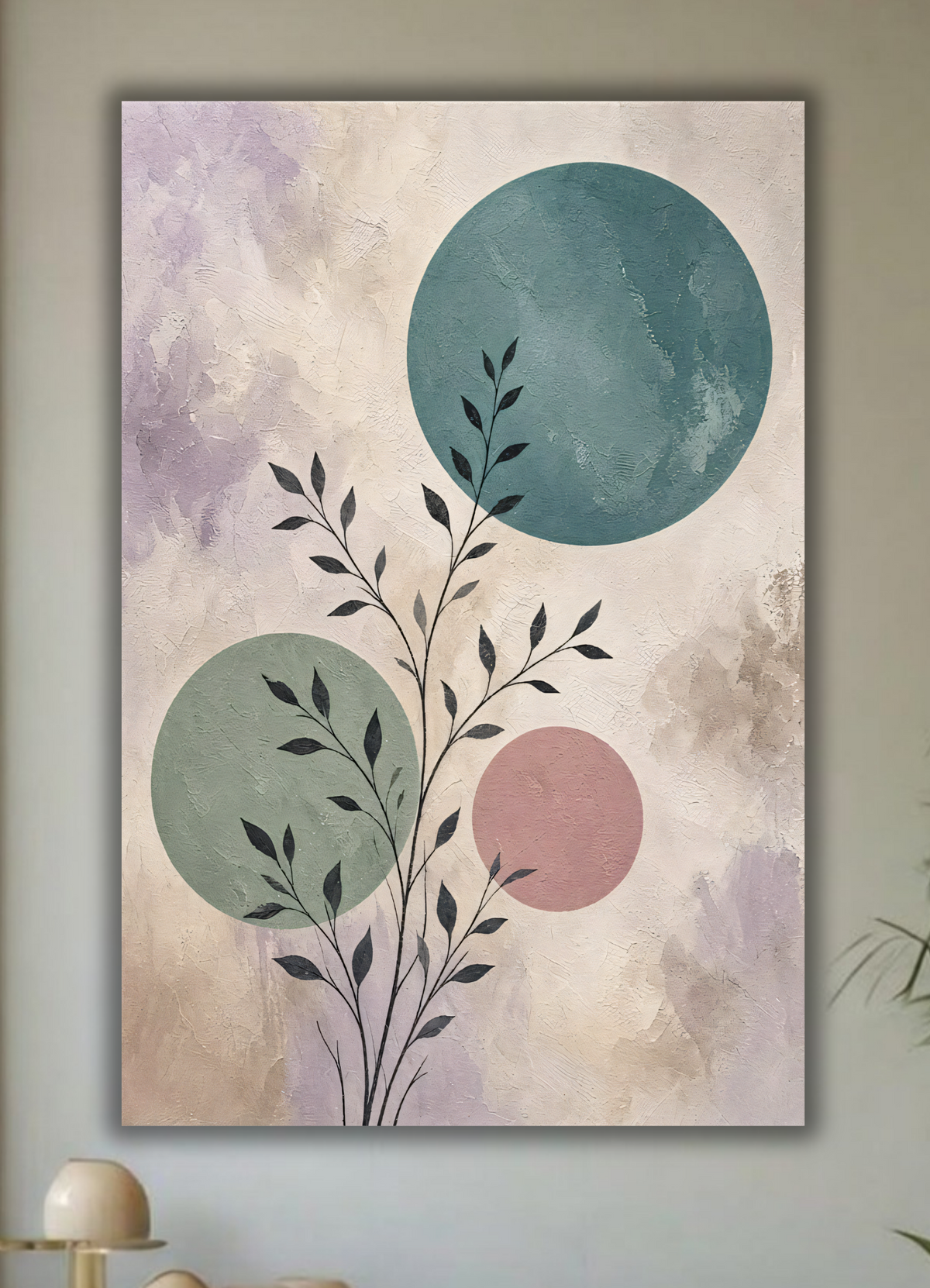 Modern Botanical Silhouette & Geometric Circle Canvas Print - Minimalist Teal & Lavender Wall Art