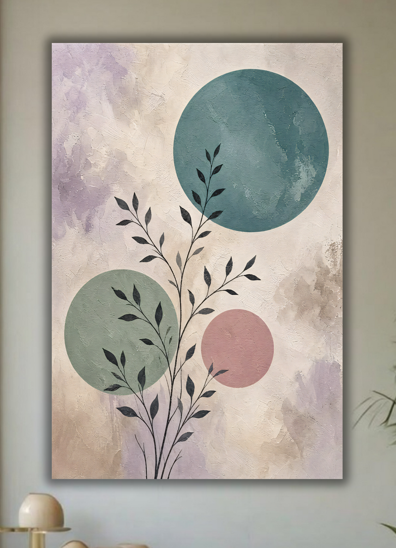 Modern Botanical Silhouette & Geometric Circle Canvas Print - Minimalist Teal & Lavender Wall Art