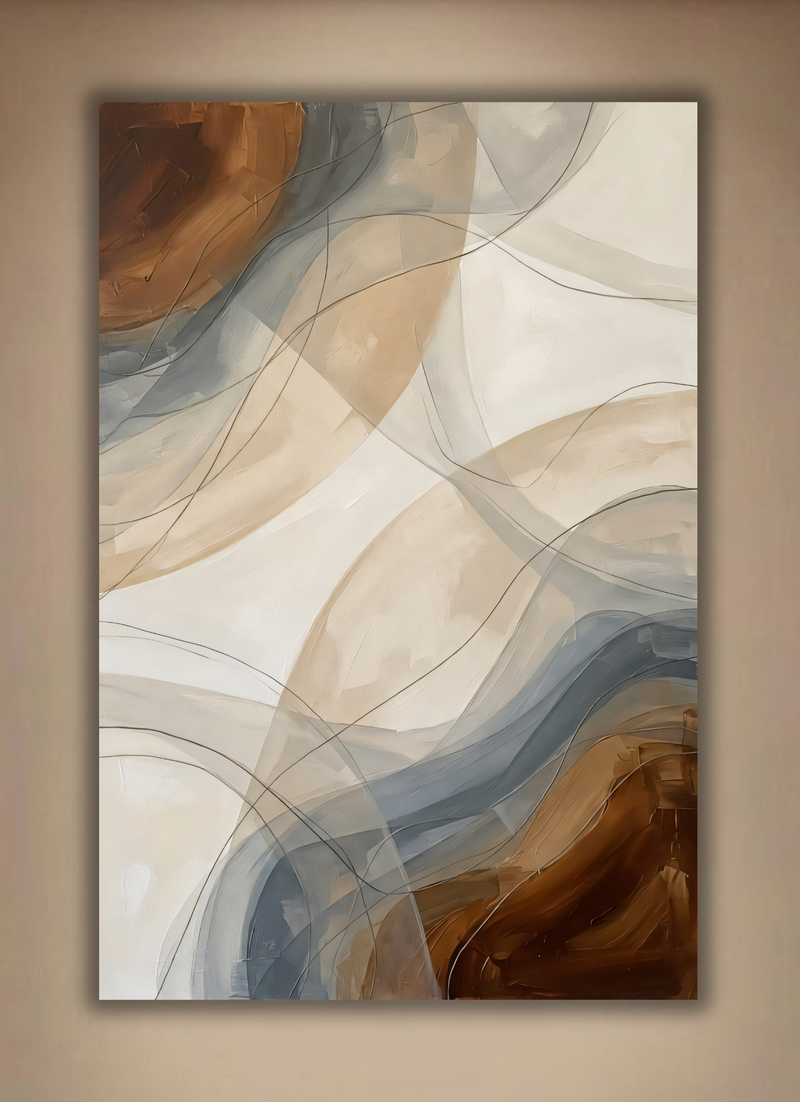 Modern Terracotta & Slate Blue Abstract Canvas Print - Curved Fluid Line Ribbons Wall Art