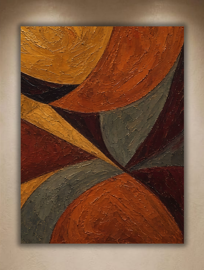 Modern Terracotta & Slate Gray Abstract Canvas Print - Curved Heavy Impasto Wall Art