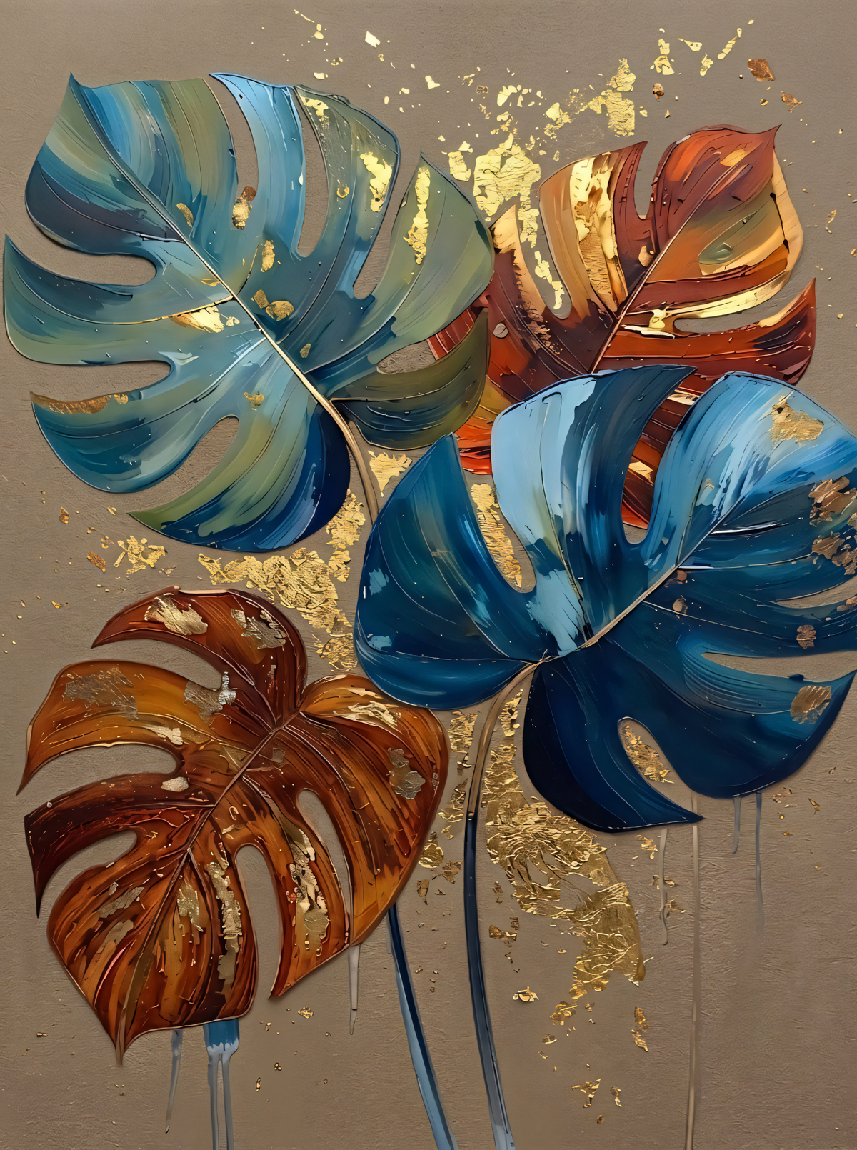 Modern Teal & Amber Monstera Leaf Canvas Print - Sculpted Impasto Botanical Wall Art