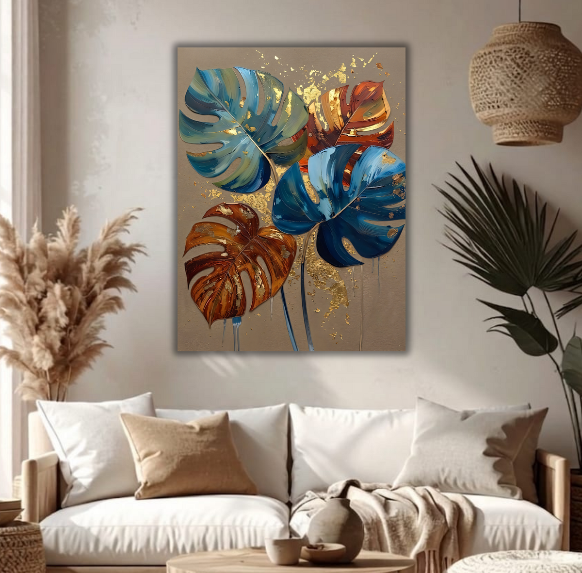 Modern Teal & Amber Monstera Leaf Canvas Print - Sculpted Impasto Botanical Wall Art