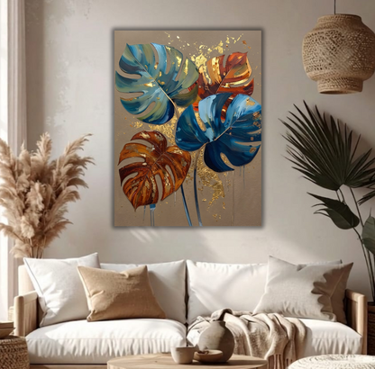 Modern Teal & Amber Monstera Leaf Canvas Print - Sculpted Impasto Botanical Wall Art