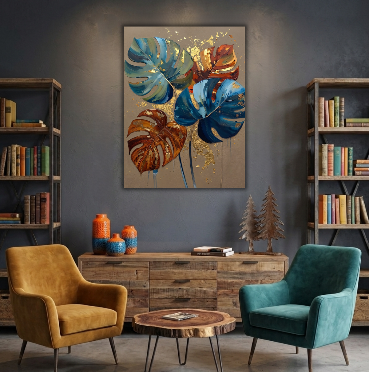Modern Teal & Amber Monstera Leaf Canvas Print - Sculpted Impasto Botanical Wall Art