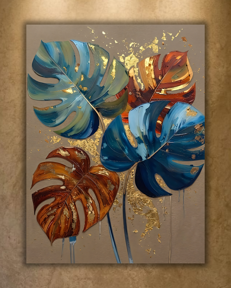 Modern Teal & Amber Monstera Leaf Canvas Print - Sculpted Impasto Botanical Wall Art