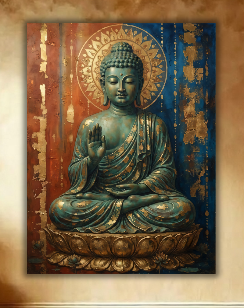Modern Teal Buddha Canvas Print - Radiant Golden Halo & Lotus Wall Art