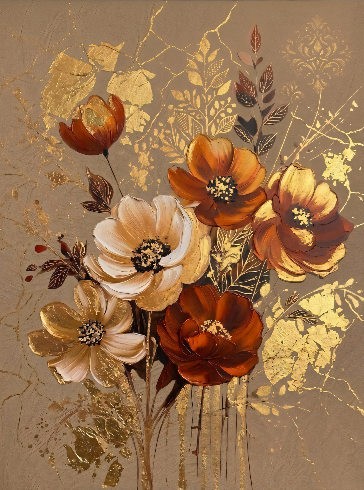 Modern Terracotta & Golden Anemone Floral Canvas Print - Sculpted Impasto Wall Art