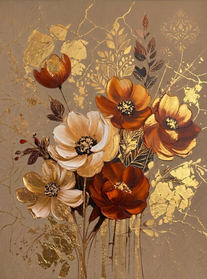 Modern Terracotta & Golden Anemone Floral Canvas Print - Sculpted Impasto Wall Art