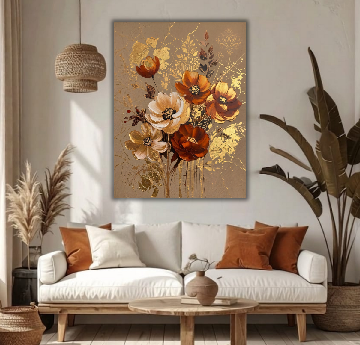 Modern Terracotta & Golden Anemone Floral Canvas Print - Sculpted Impasto Wall Art