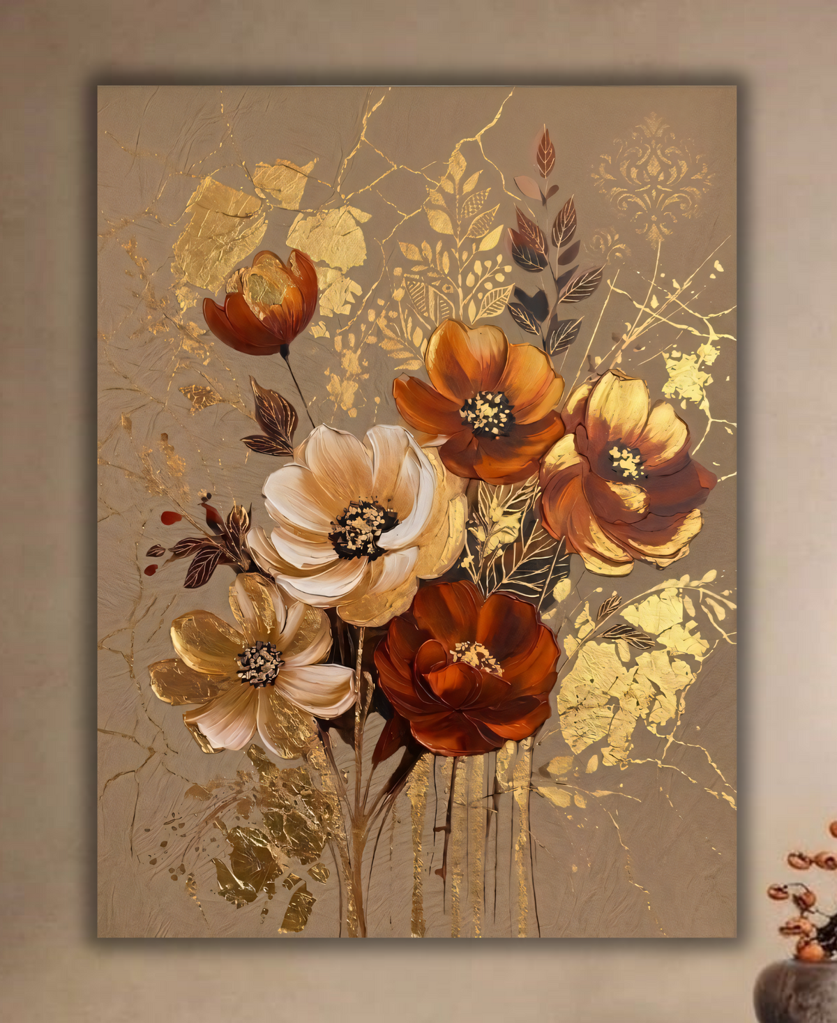 Modern Terracotta & Golden Anemone Floral Canvas Print - Sculpted Impasto Wall Art