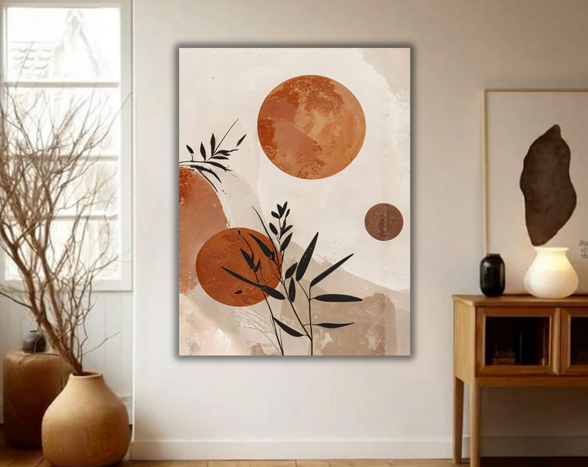 Modern Terracotta & Neutral Botanical Canvas Print - Minimalist Geometric Celestial Wall Art