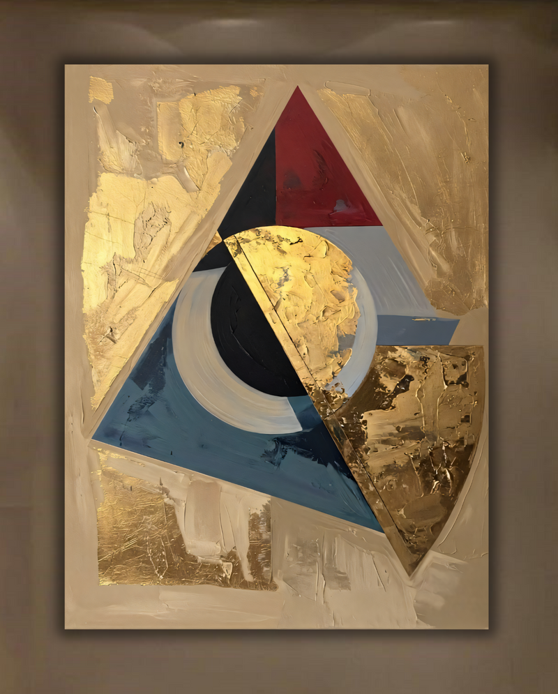 Modern Golden Ochre & Slate Blue Abstract Canvas Print - Triangular Geometric Oval Wall Art