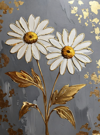 Modern Daisy Floral Canvas Print - Sculpted Impasto Wall Art in Ochre Gold or Slate Gray