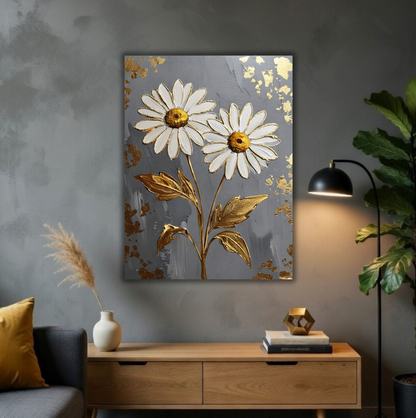 Modern Daisy Floral Canvas Print - Sculpted Impasto Wall Art in Ochre Gold or Slate Gray