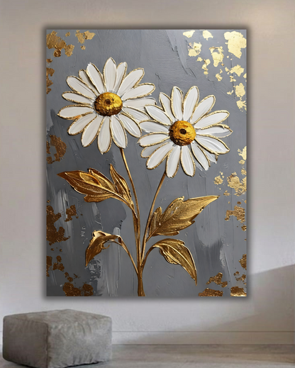 Modern Daisy Floral Canvas Print - Sculpted Impasto Wall Art in Ochre Gold or Slate Gray