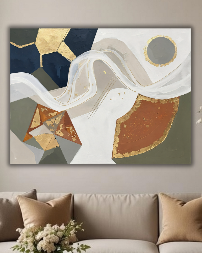 Modern Terracotta & Midnight Blue Abstract Canvas Print - Geometric Ribbon Wall Art