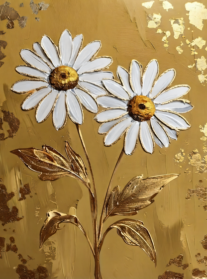 Modern Daisy Floral Canvas Print - Sculpted Impasto Wall Art in Ochre Gold or Slate Gray