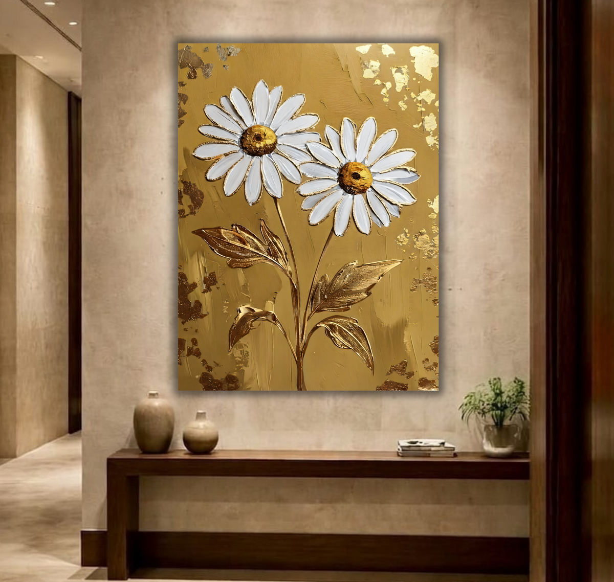 Modern Daisy Floral Canvas Print - Sculpted Impasto Wall Art in Ochre Gold or Slate Gray