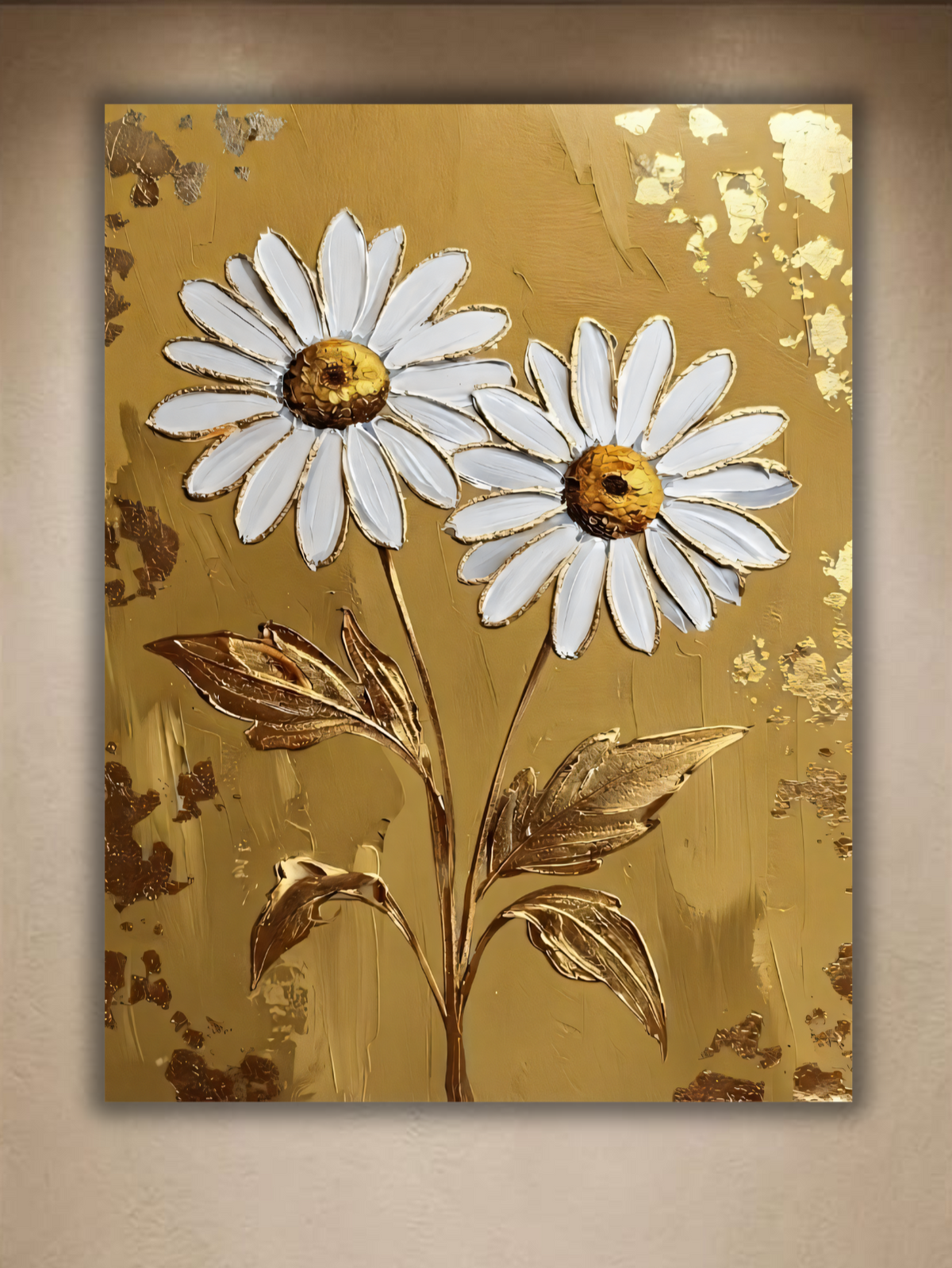 Modern Daisy Floral Canvas Print - Sculpted Impasto Wall Art in Ochre Gold or Slate Gray