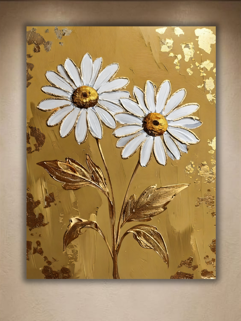 Modern Daisy Floral Canvas Print - Sculpted Impasto Wall Art in Ochre Gold or Slate Gray