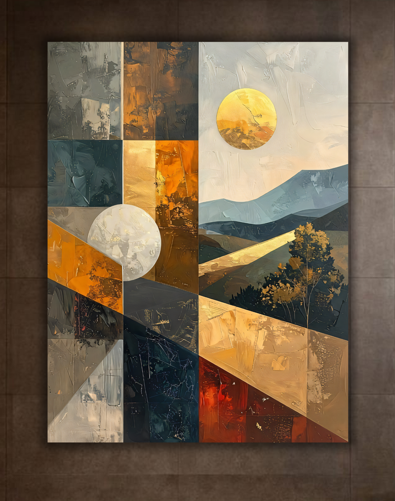 Modern Patchwork Abstract Landscape Canvas Print - Geometric Mountain & Sun Wall Art