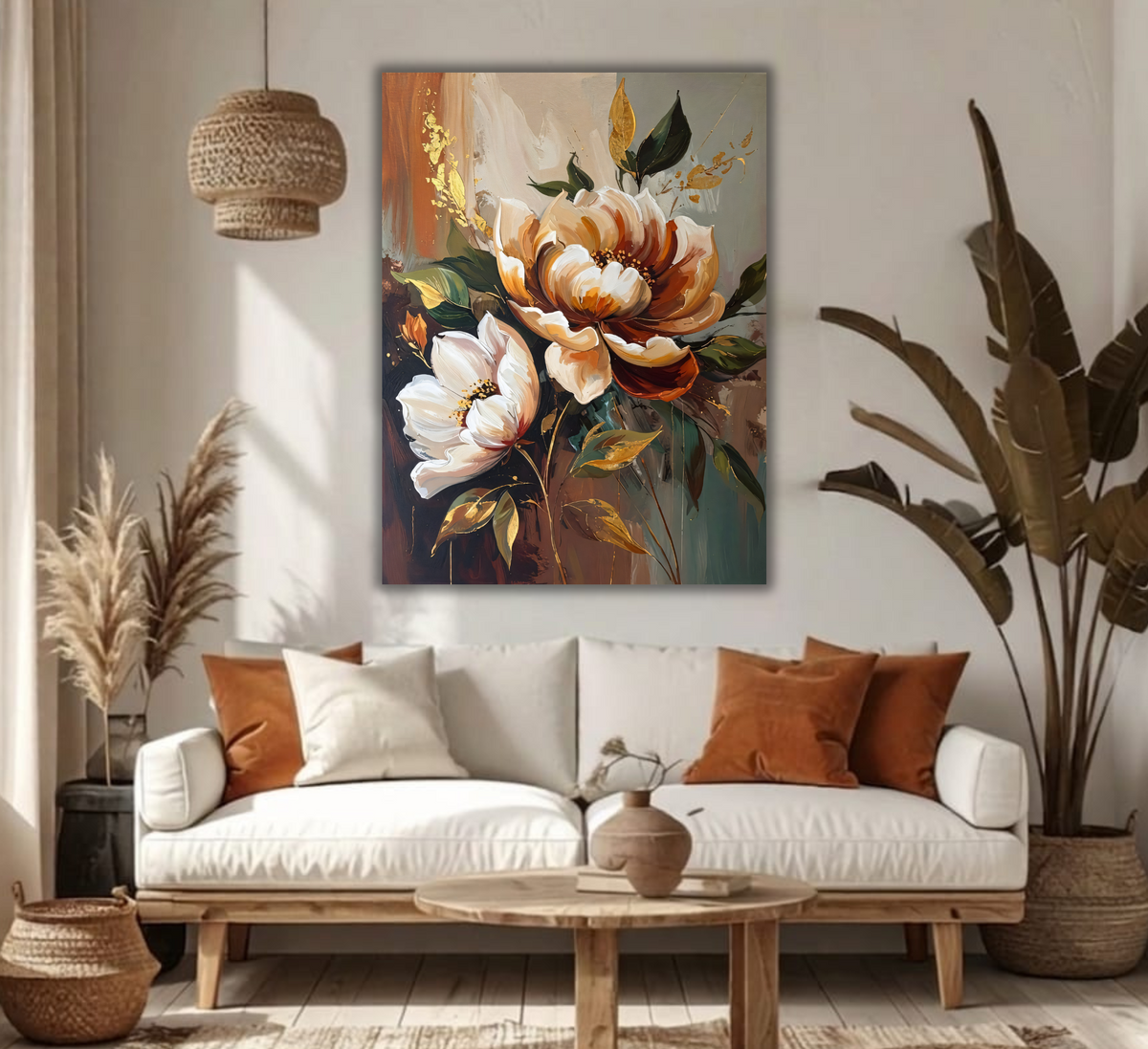 Modern Terracotta & Ivory Peony Canvas Print - Sculpted Impasto Floral Wall Art
