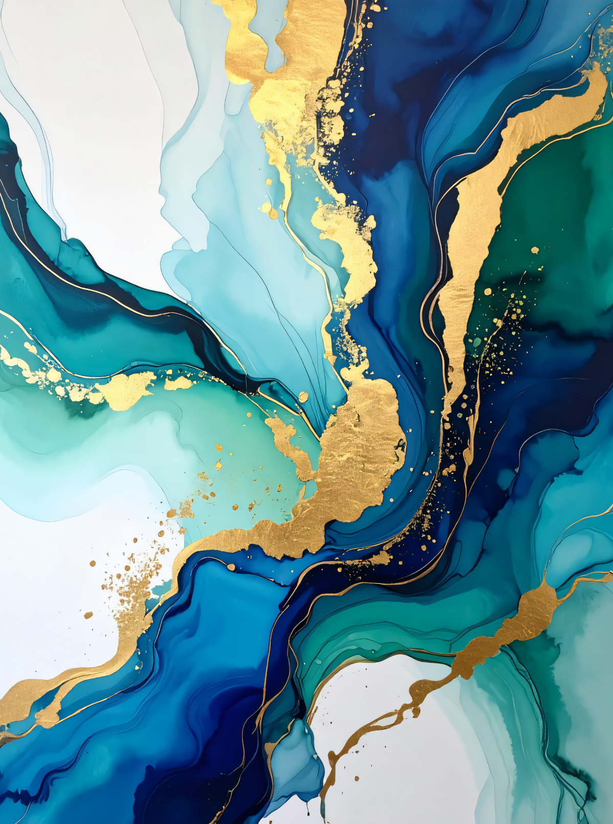 Modern Teal & Deep Navy Blue Alcohol Ink Canvas Print - Fluid Marble Wall Art with Gold Accents