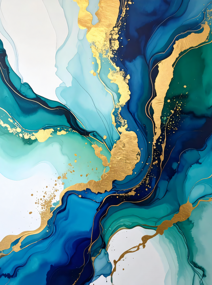 Modern Teal & Deep Navy Blue Alcohol Ink Canvas Print - Fluid Marble Wall Art with Gold Accents