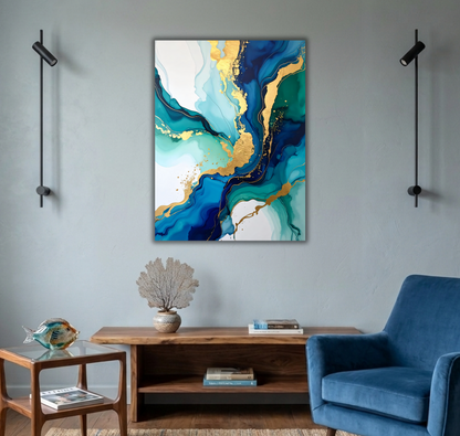 Modern Teal & Deep Navy Blue Alcohol Ink Canvas Print - Fluid Marble Wall Art with Gold Accents