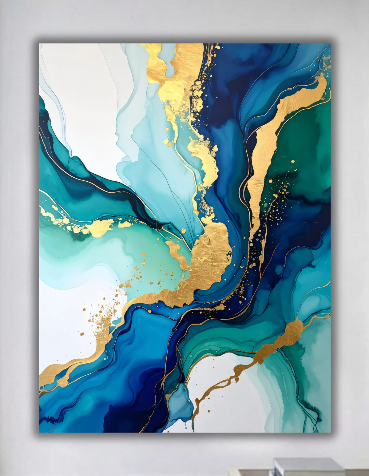 Modern Teal & Deep Navy Blue Alcohol Ink Canvas Print - Fluid Marble Wall Art with Gold Accents